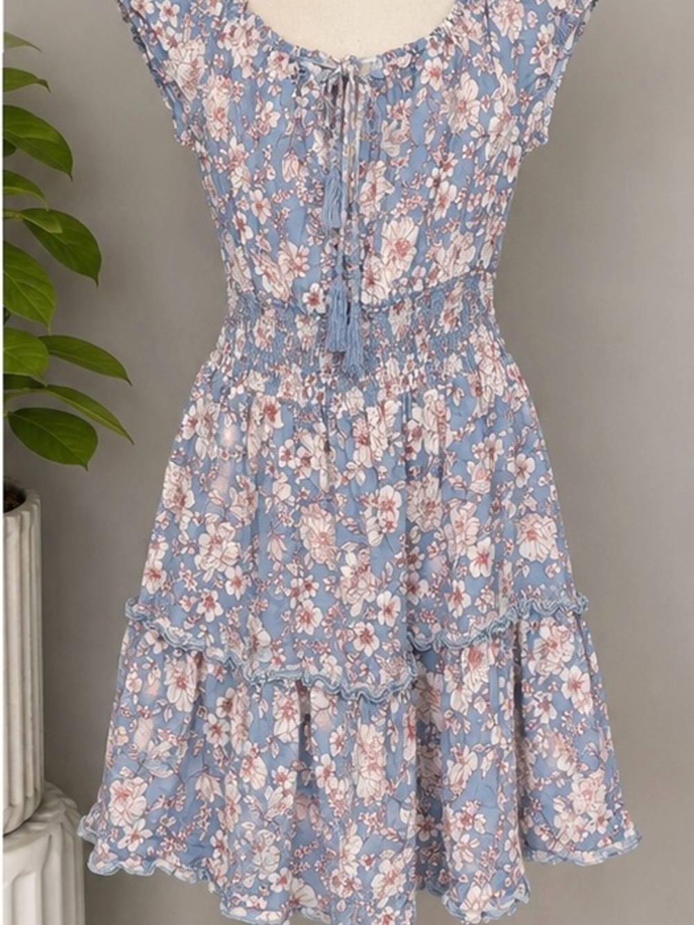 Justify Dusty Blue Floral Midi Dress with Tassel Tie